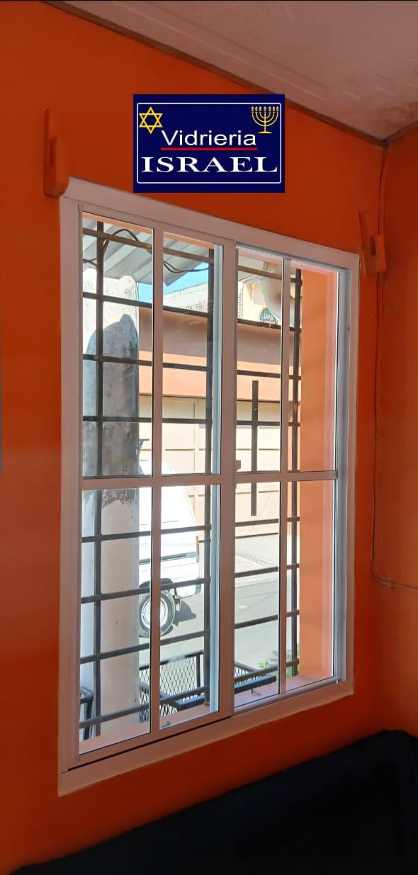 VENTANA FRANCESA ALUMINIO BLANCO VIDRIO AZUL REFLECTIVO